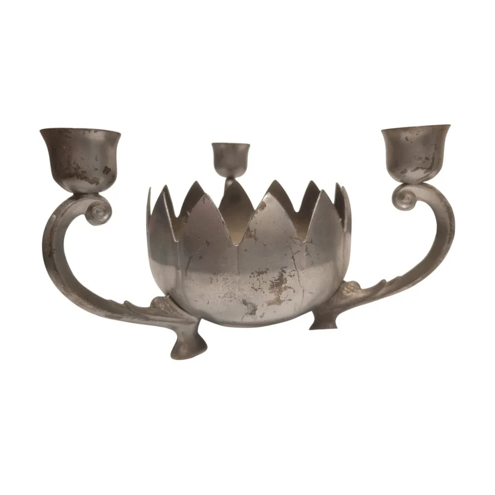 Taper Candle Holder (3)-Arm Lotus Flower Silver‎ Finish